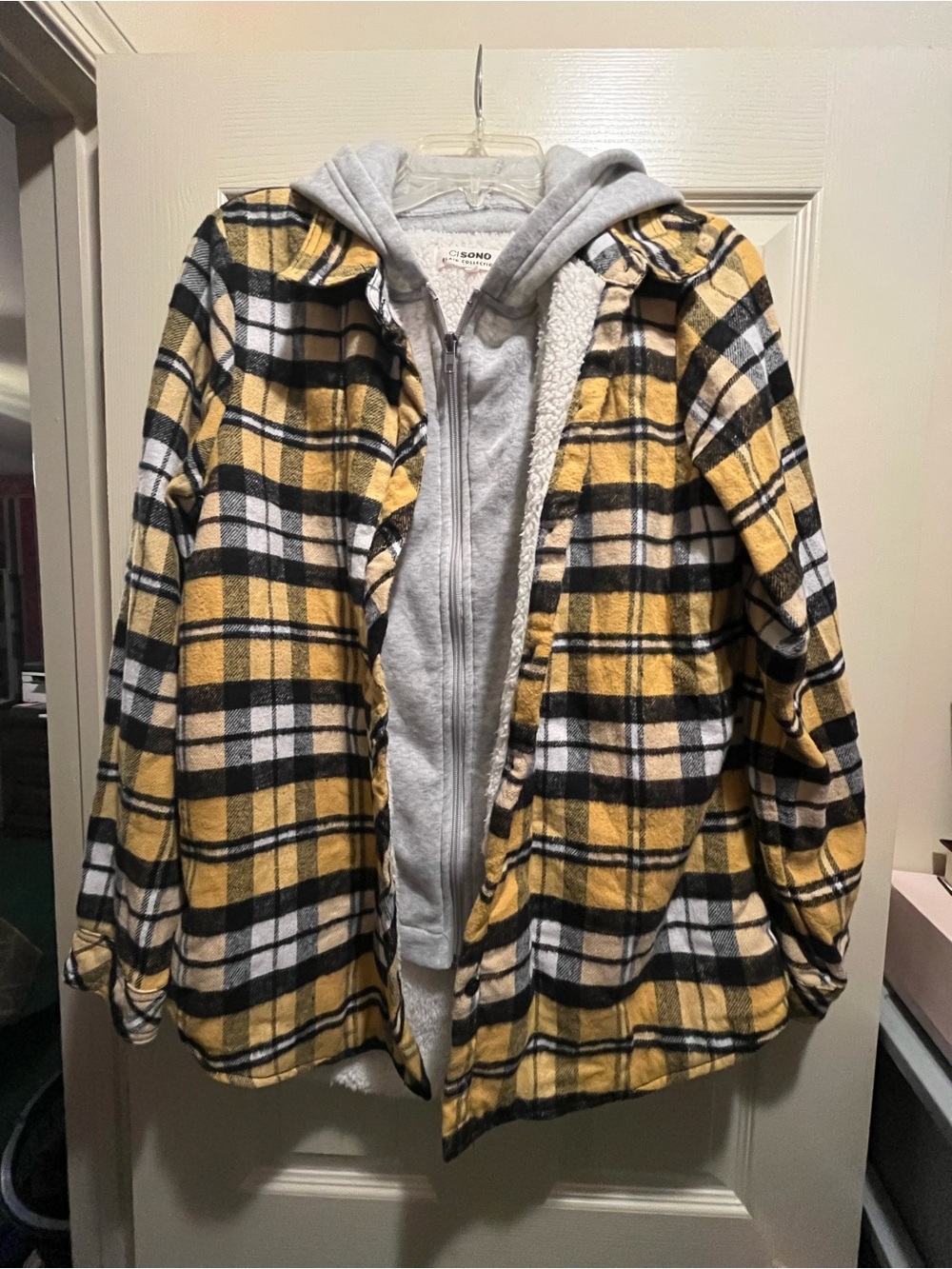 CI SONO Women’s Yellow Plaid Full Zip Hooded Lined Mid-Length Jacket Size M